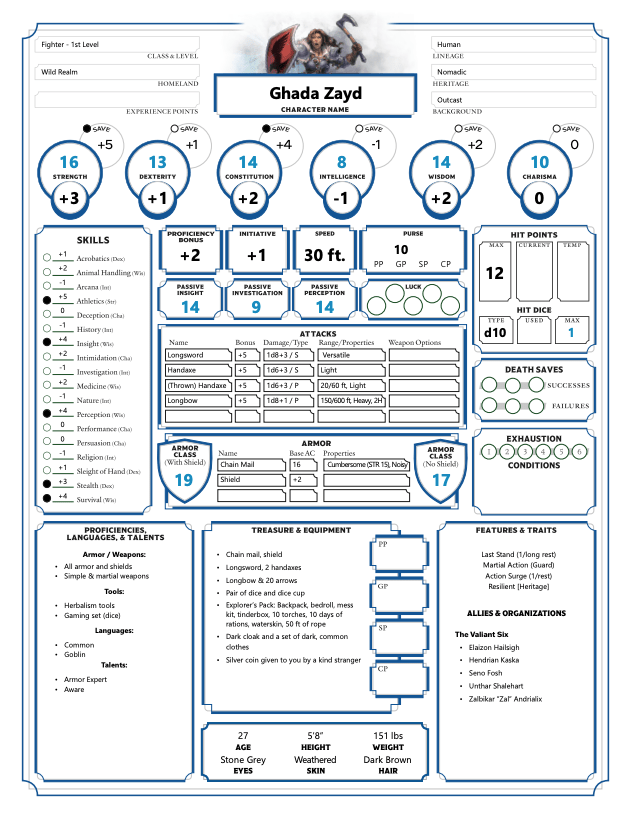Tales of the Valiant: Character Sheet - Ghada Zayd (PDF)