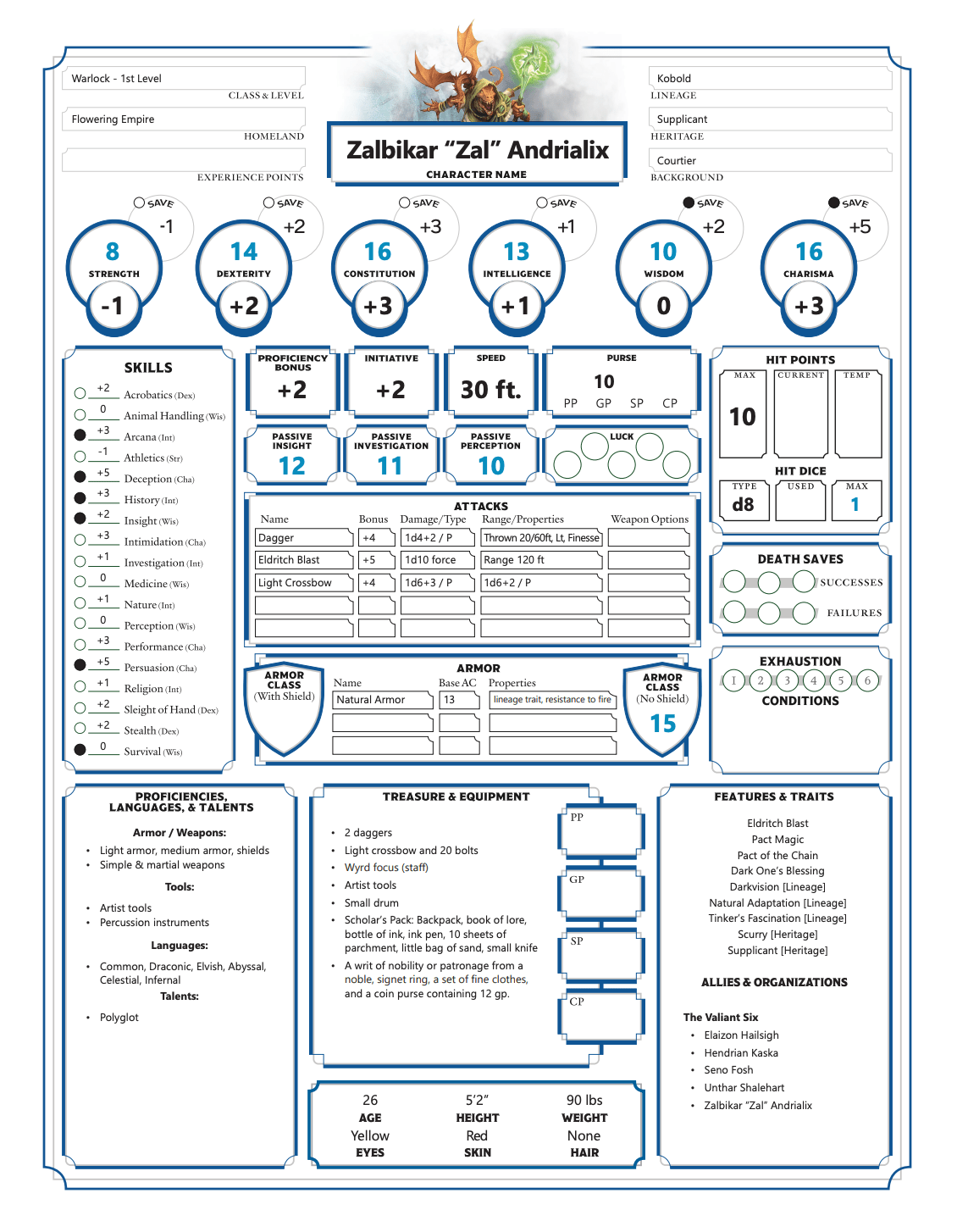 Tales of the Valiant: Character Sheet - Zalbikar Andrialix (PDF)